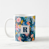 Trendy Blauw en Roze Abstract Botanisch Monogram Koffiemok (Links)