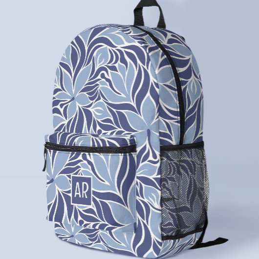 Trendy blauw modern bloemmotief monogram bedrukte rugzak