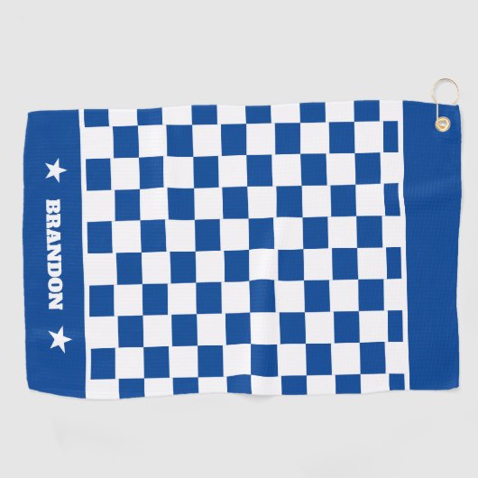 Trendy blauw wit geruit patroon & sterren op maat golfhanddoek (Horizontaal)