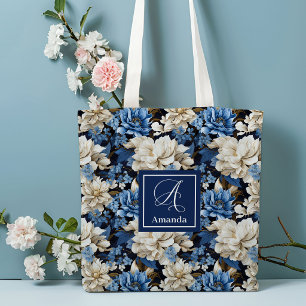 Trendy Blauwe Ivoren Bloemen Gepersonaliseerde Boo Draagtas