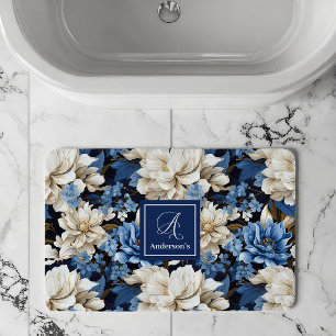 Trendy Blauwe Ivoren Bloemen Persoonlijke Badmat