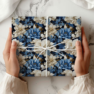 Trendy Blauwe Ivoren Bloemrijke Sierlijke Inpakpap Cadeaupapier