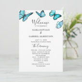 Trendy blauwe waterverf vlinders. Natuur bruiloft Programma (Staand voorkant)