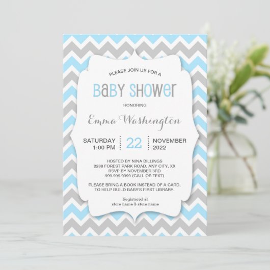 Trendy blauwgrijze BOY baby shower uitnodiging (Staand voorkant)