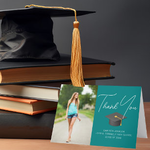 Trendy Blauwgroen Afstuderen Photo Custom Afstuder Bedankkaart