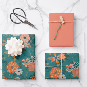 Trendy Blauwgroen Oranje Pattered Vines Flowers Inpakpapier Vel