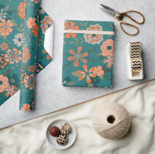 Trendy Blauwgroen Oranje Pattern Floral Vine Flowe Cadeaupapier