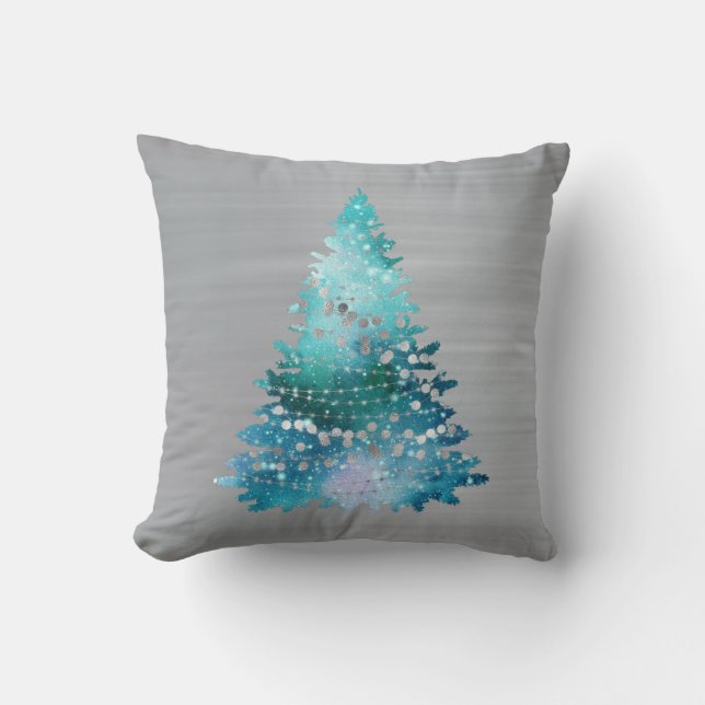 Trendy Blauwgroen Silver Glitter Tree Kerstmis Kussen (Voorkant)