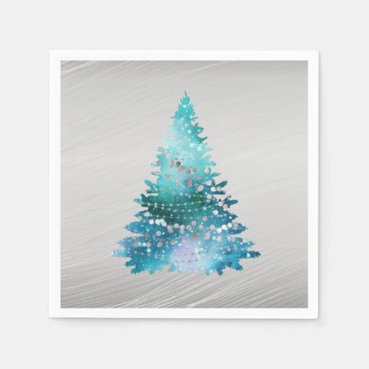 Trendy Blauwgroen Silver Glitter Tree Kerstmis Servet (Voorkant)