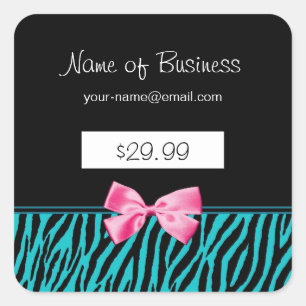 Trendy Blauwgroen Zebra Stripes Pink Ribbon Price  Vierkante Sticker