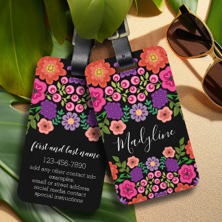 Trendy bloemmotief monogram - kan kleur bewerken bagagelabel