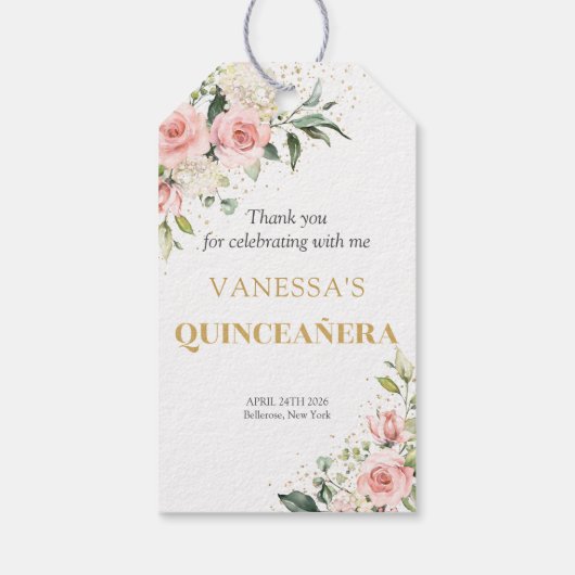 Trendy blozend gouden tiara Quinceañera Cadeaulabel (Achterkant)