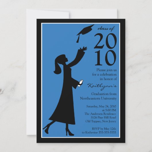 Trendy Blue & Black Afstuderen Invitation Kaart (Voorkant)