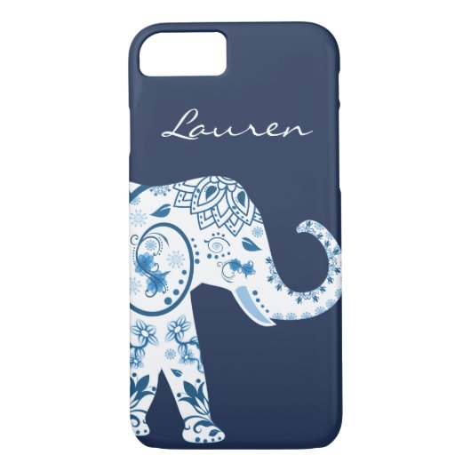 Trendy Blue Bohemian Lotus Elephant & Name Case-Mate iPhone Case (Achterkant)
