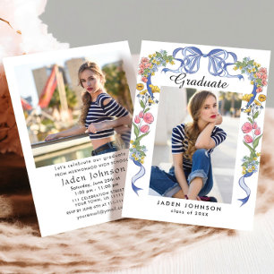 Trendy Blue Bow Coquette 2 FOTO Afstudeerfeest Kaart