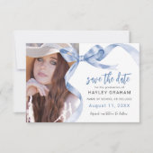 Trendy Blue Bow Photo Graduation Save The Date (Voorkant)