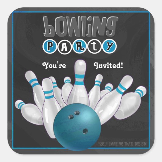 Trendy Blue Bowling Party nodigt ticker uit Vierkante Sticker (Voorkant)