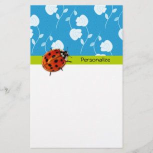 Trendy Blue Floral Ladybug met naam Briefpapier