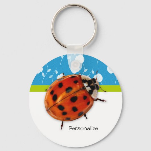 Trendy Blue Floral Ladybug met naam Sleutelhanger (Voorkant)