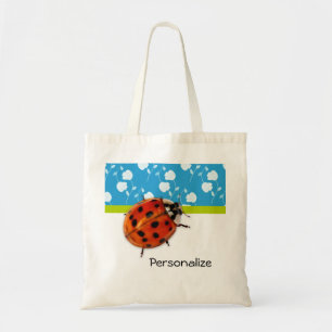 Trendy Blue Floral Ladybug met naam Tote Bag