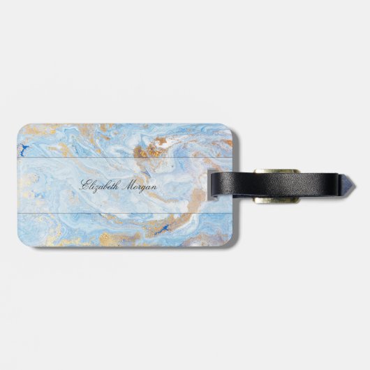 Trendy Blue Gold Stone Marble Texture, Monogram Bagagelabel (Achterkant horizontaal)