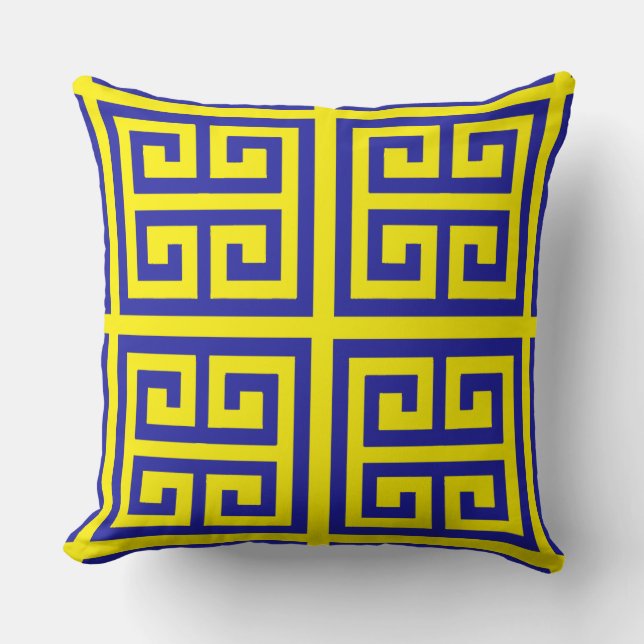 Trendy Blue Greek Key Pattern on Yellow Kussen (Voorkant)