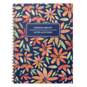 Trendy Blue & Oranje Waterverf Flower Notitieboek