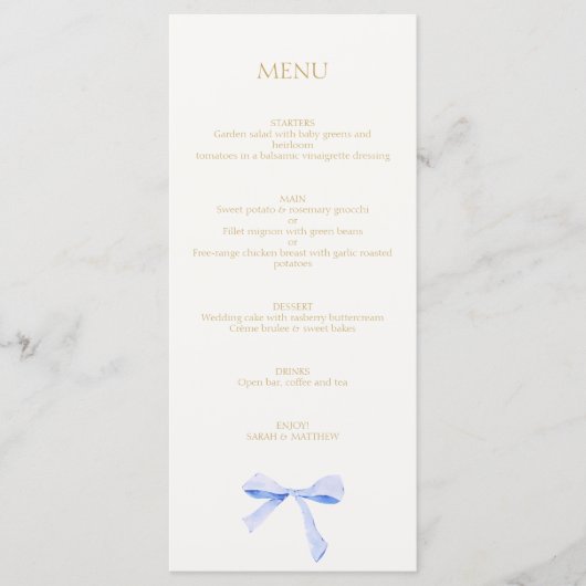 Trendy Blue Ribbon bruiloft Menu (Voorkant)