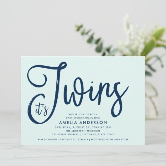 Trendy Blue Script Mint Het is Twins Baby shower Kaart (Staand voorkant)