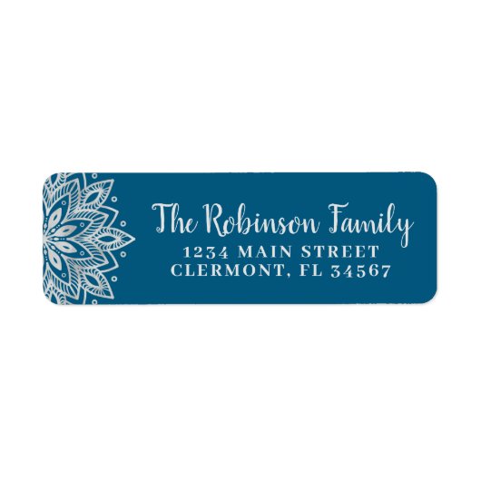 Trendy Blue Silver Mandala Snowflake Label (Voorkant)