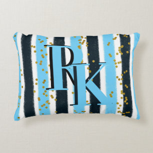 Trendy Blue Stripe Gold Glitter Monogram Glam Accent Kussen