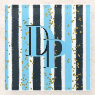 Trendy Blue Stripe Gold Glitter Monogram Glam Glazen Onderzetter