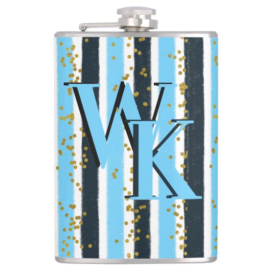 Trendy Blue Stripe Gold Glitter Monogram Glam Heupfles (Voorkant)