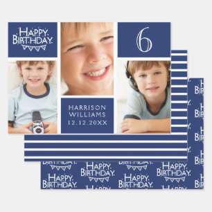 Trendy Blue Stripe Photo Collage Happy Birthday Inpakpapier Vel