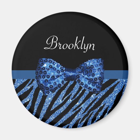 Trendy Blue Zebra print FAUX Glitz Bow met naam Magneet (Voorkant)