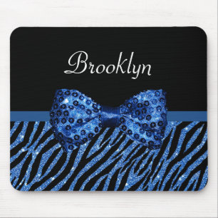 Trendy Blue Zebra print FAUX Glitz Bow met naam Muismat