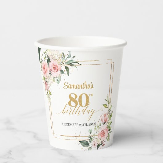 Trendy blush bloemeneucalyptus goud 70e verjaardag papieren bekers (Voorkant)