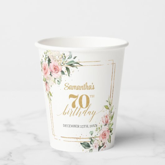 Trendy blush bloemeneucalyptus goud 70e verjaardag papieren bekers (Voorkant)