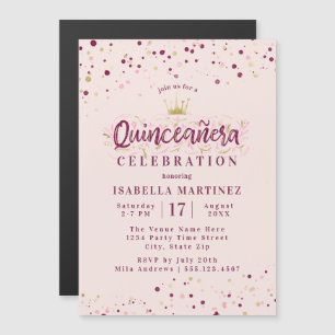 Trendy Blush Burgundy & Gold Confetti Quinceañera Magnetische Uitnodiging
