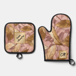 Trendy Blush Pink Gold Boho Leaves Collectie Ovenwant & Pannenlap Set