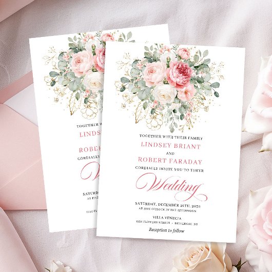 Trendy Blush Rose Gold Floral Wedding Invitation