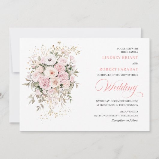 Trendy Blush Roses Greenery Wedding Invitation (Devant)