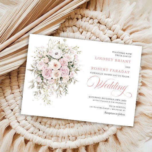 Trendy Blush Roses Greenery Wedding Invitation Kaart