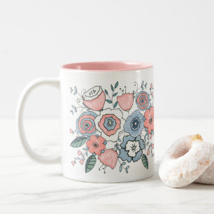 Trendy Blush Roze Blauwe Boho Bloemen Tweekleurige Koffiemok