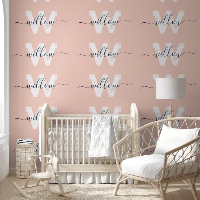 Trendy Blush Roze Script Typografie Monogram Meisj Behang (Kinderen)