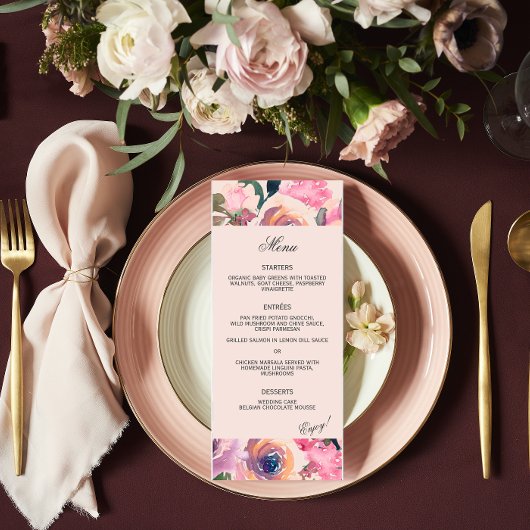 Trendy Blush Roze Waterverf Bruiloft Diner Menu