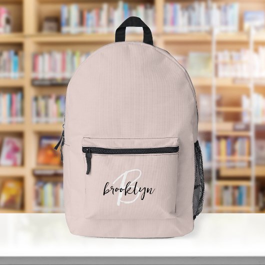 Trendy Blush Roze Zwart Wit Script Monogram Bedrukte Rugzak