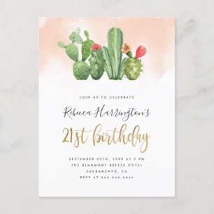 Trendy Blush Waterverf & Cactus 21st Birthday Uitnodiging Briefkaart