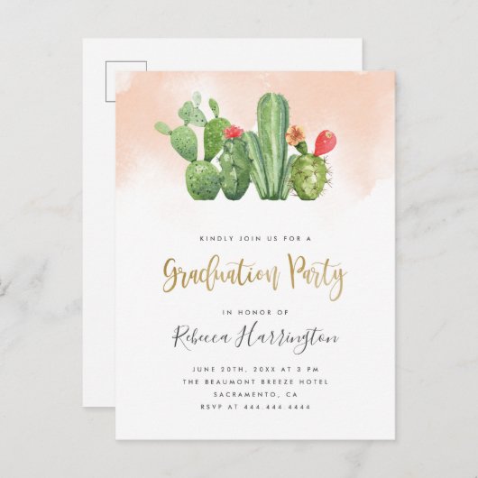 Trendy Blush Waterverf & Cactus Graduation Party Uitnodiging Briefkaart (Voorkant / Achterkant)