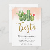 Trendy Blush Waterverf en Cactus Fiesta Birthday Uitnodiging Briefkaart (Voorkant / Achterkant)